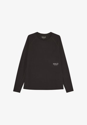 Schwarzes Langarmshirt aus strukturiertem Stoff. Mit rundem Halsausschnitt und Raglanärmeln. Kleines weißes "HALO"-Logo auf der Vorderseite.