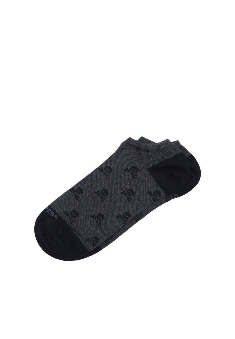 Calcetines tobilleros en negro y gris con un patrón de calaveras. Fabricados con un tejido suave y con puntera y talón reforzados.