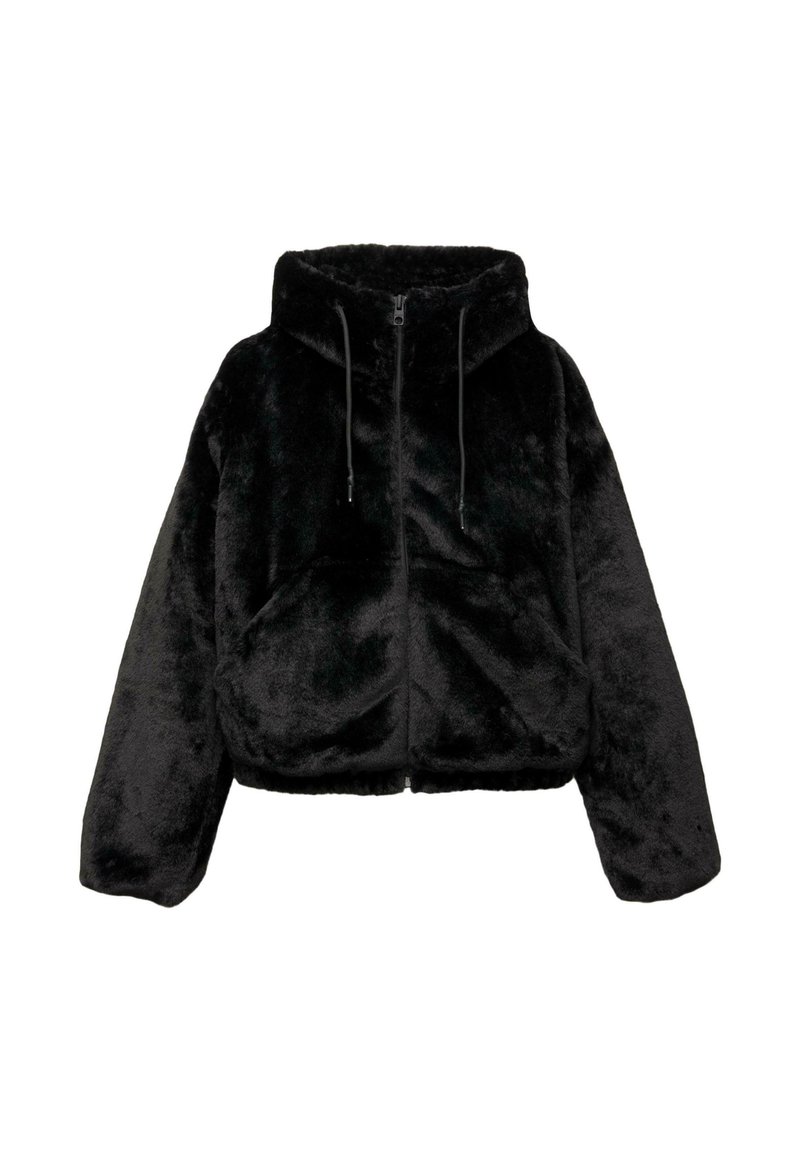 Sort cropped hoodie lavet af blødt faux fur. Har høj krave, lynlåslukning foran og to frontlommer. Justerbare snore er til stede.