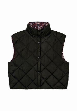 Black quilted sleeveless vest featuring a high collar and black snap buttons, with a red and white animal print lining visible at the collar.