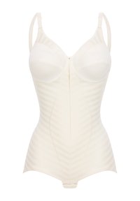 Crème gekleurde shapewear bodysuit met gevormde cups, gestreepte textuur, verstelbare banden en een haaksluiting aan de voorkant.