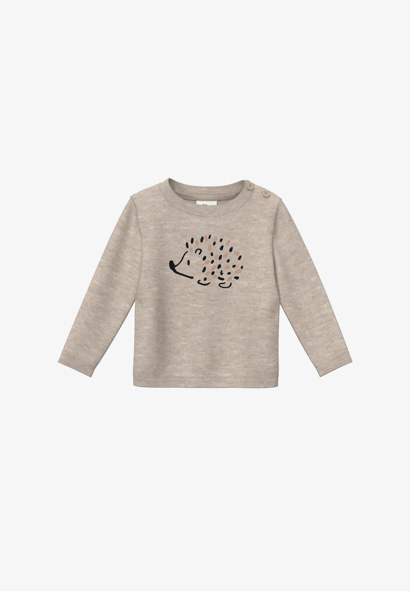 Beige Longsleeve-Oberteil aus weichem Material mit einem Igelmotiv, das von bunten Punkten umgeben ist, und zwei Knopfakzenten an der linken Schulter.