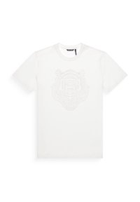 Witte katoenen t-shirt met een grijze, lijngetekende leeuwafbeelding centraal op de voorkant. Korte mouwen en een ronde hals. Zachte textuur.