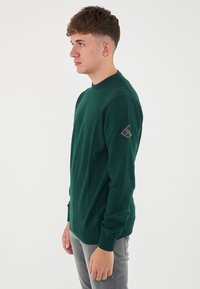Maglione verde a maglia con scollo rotondo, maniche lunghe e tessuto testurizzato; presenta una toppa con logo triangolare sulla manica sinistra.