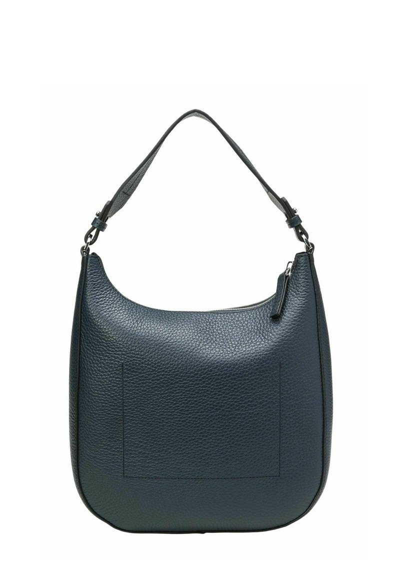 Granatowa skórzana torebka o zaokrąglonym kształcie, z regulowanym paskiem, zamkiem błyskawicznym oraz przednią kieszenią z subtelnym teksturowanym wzorem.