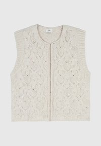 Gilet en tricot crème avec un motif en câble, sans manches et avec une fermeture éclair à l'avant. Texturé, il est doux avec un aspect épais.