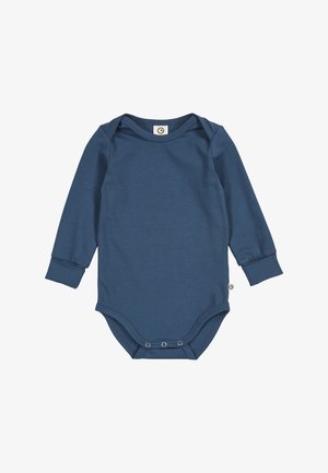 Dětské body s dlouhým rukávem v tmavě modré barvě, se zapínáním na patentky mezi nohama a límečkem ve tvaru obálky, zobrazené na bílém pozadí.