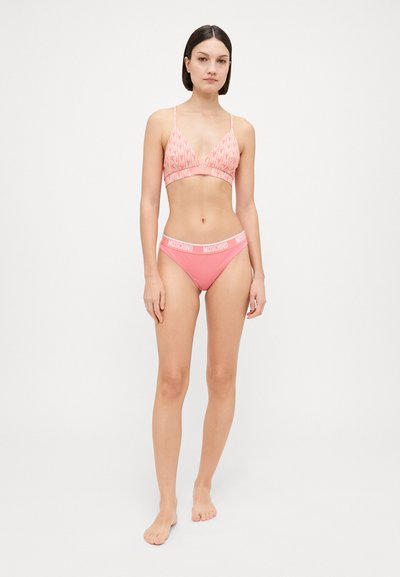 Bra and brief set in pink featuring a triangle bralette with a logo print and matching high-waisted briefs with logo waistband.