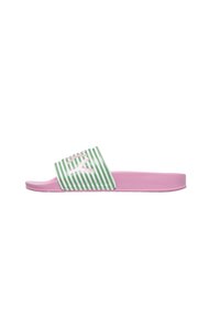Manschetto sandalett med en grön och vit randig ovandel. Rosa texturerad sula. Öppen tådesign med en bred rem som har en logotypdetalj.