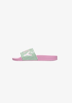 Sandal i slide-model med en grøn og hvid stribet overdel. Pink tekstureret sål. Åben tå-design med en bred rem med logo-detalje.