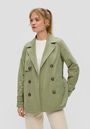 Hellgrünes, doppelt geknöpftes Jacket mit großen braunen Knöpfen, breiten Revers und zwei vorderen Taschen. Glatte Textur und lässiger Schnitt.