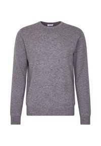 Grauer Pullover mit langen Ärmeln, rundem Ausschnitt, aus weichem Strickmaterial, mit glatter Textur und gerippten Bündchen und Saum.