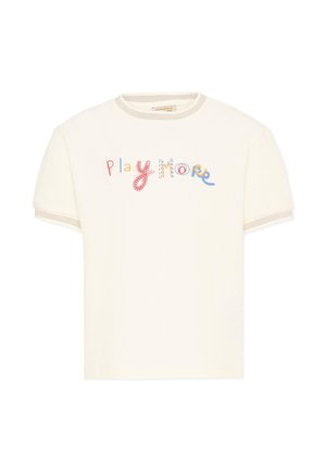 Maglietta crema a maniche corte con testo multicolore ricamato "Play More" sul petto e sottili dettagli di cuciture a contrasto su collo e maniche.