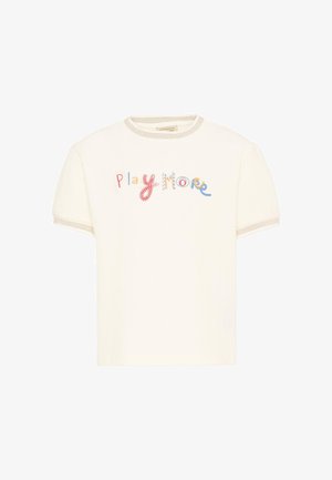 Crèmekleurig T-shirt met korte mouwen met meerkleurige geborduurde tekst "Play More" over de borst en subtiele contrasterende stikseldetails aan de kraag en mouwen.