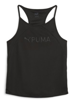 Camiseta atlética negra sin mangas con un acabado texturizado, que presenta un diseño de espalda de nadador y un prominente logo gris de PUMA en el frente.