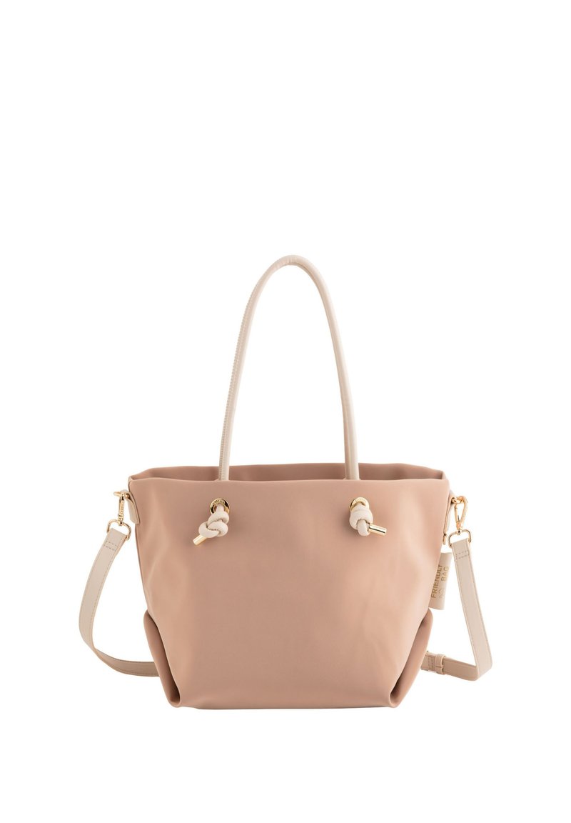 Kangaslaukkua pehmeässä vaaleanpunaisessa silikonissa, jossa on kermaharmaat kahvat, kultaiset yksityiskohdat ja solmittuja yksityiskohtia. Irrotettava olkahihna mukana.