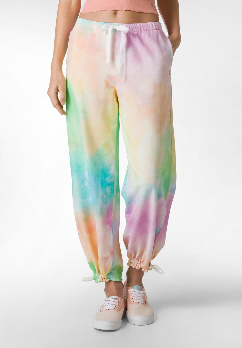 Färggranna tie-dye-joggingbyxor har en pastellgradient med dominerande grönt, rosa, gult och blått, lätt material och elastiska muddar.