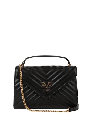 Zwarte doorgestikte leren handtas met bovenhandvat, goudkleurige kettingriem en gouden "19V69 Italia" logo op de voorflap.