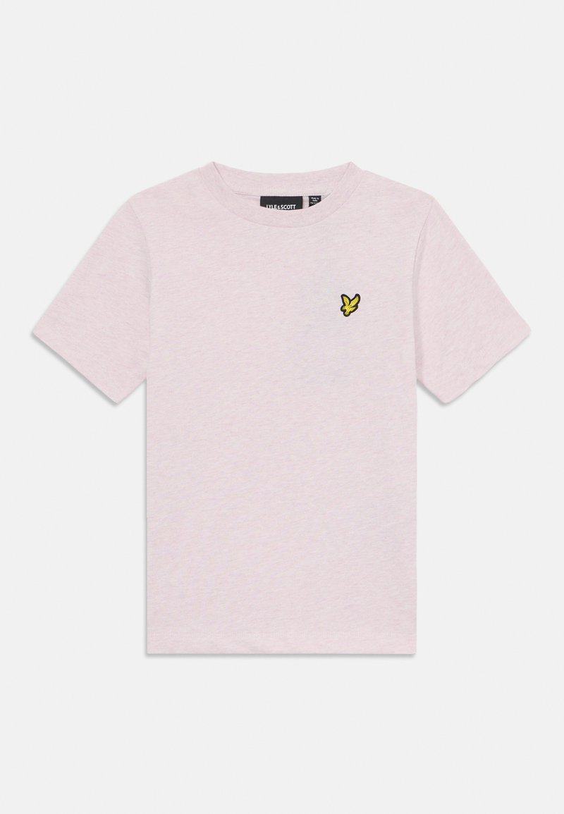 Maglietta a maniche corte rosa chiaro realizzata in tessuto morbido, con un piccolo logo di una farfalla gialla e nera sulla parte sinistra del petto.