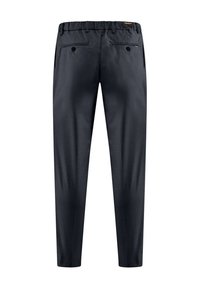 Pantaloni blu navy in tessuto morbido con taglio affusolato, dotati di una cintura elastica e due tasche posteriori con chiusura a bottone.