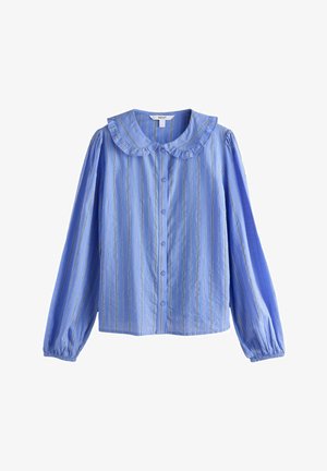 Sinine triibuline pluus volangiga kraega, pikkade puffvarrukatega ja nööpkinnitusega ees. Triibud on vahelduvad helesinised ja valged.