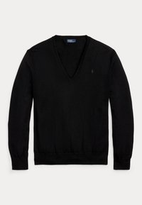 Svart V-ringad tröja i finstickad kvalitet med långa ärmar, med en liten broderad logotyp på vänster bröst.