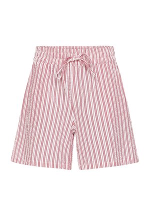 Lyserøde og hvide shorts med lodrette striber, elastisk talje og snøre, lavet af letvægtsstof.