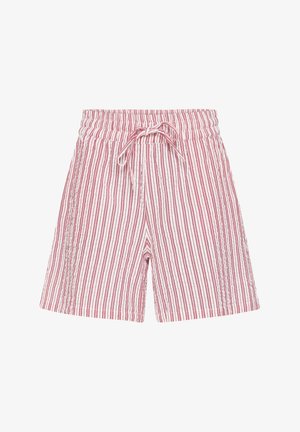 Rózsaszín és fehér, függőlegesen csíkos rövidnadrág gumírozott derékrésszel és állítható zsinórral, könnyű anyagból készült.