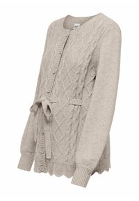 Svetlo bež pletena jopica z vzorcem kabelskega pletenja, petimi gumbi, trakom na pasu ter rebrasto obrobo na rokavih in hemu.