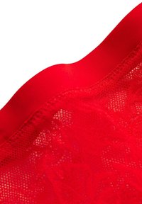 Rotspitzenstoff mit einem glatten roten Taillenbund. Die Spitze zeigt ein florales Muster mit einer sanften Textur und einem halbtransparenten Design.
