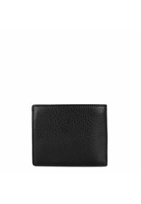 Portafoglio in pelle nera con superficie texturizzata, forma rettangolare e senza hardware visibile. Design semplice con bordi puliti.