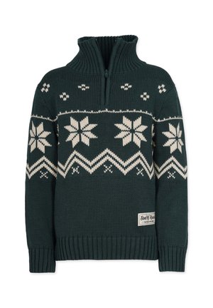 Dunkelgrüner gestrickter Pullover mit weißen Schneeflocken- und Zickzackmustern, gerippter Kragen mit kurzem Reißverschluss und einem kleinen Stoffmarkenlabel am Saum.