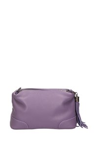 Borsa cosmetica in pelle viola con finitura testurizzata, chiusura a zip e un tassello decorativo. Presenta lati curvi e cuciture rinforzate.