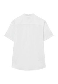 Camicia bianca a maniche corte con un taglio classico, orlo dritto e una texture liscia. Nessun motivo o dettaglio visibile.