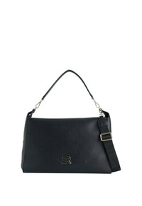 Zwarte leren handtas met een gestructureerde afwerking, voorzien van een handvat bovenaan en een verstelbare schouderband. Inclusief een metalen logo-accent.