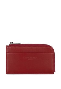 Red leather wallet with a zip closure, featuring a smooth texture and a card slot on the front. Brand name embossed on the surface.