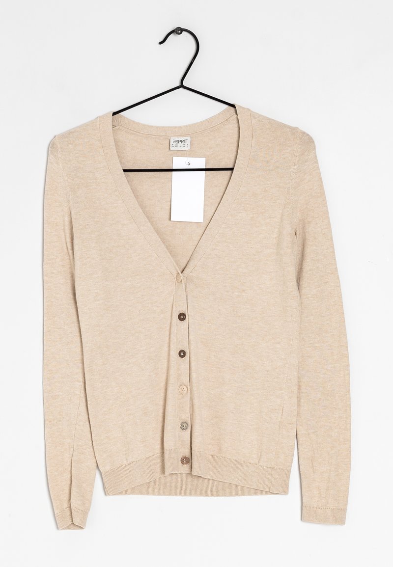 Cárdigan beige de manga larga con cuello en V, cinco botones en la parte delantera, puños y dobladillo acanalados, hecho de una suave tela texturizada.