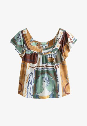 Lyhythihainen neliökauluksinen paita, jossa on monivärisiä abstrakteja ja klassisia muotokuvaprinttejä vihreän, ruskean, keltaisen ja kermaan sävyissä.