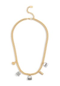 Gold chain necklace featuring five assorted charms: a textured heart, a silver lock, a jeweled square, and two mini bags.