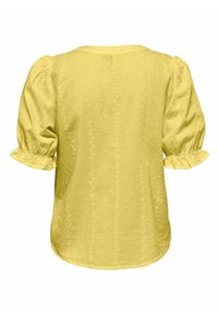 Gelbe Bluse mit kurzen Puffärmeln, die mit gestickten Blumenmustern, strukturiertem Stoff und einem Rundhalsausschnitt versehen ist.