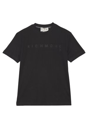 T-shirt in cotone nero con maniche corte, caratterizzato da un logo "RICHMOND" tono su tono sulla parte anteriore e un collo rotondo, texture liscia.