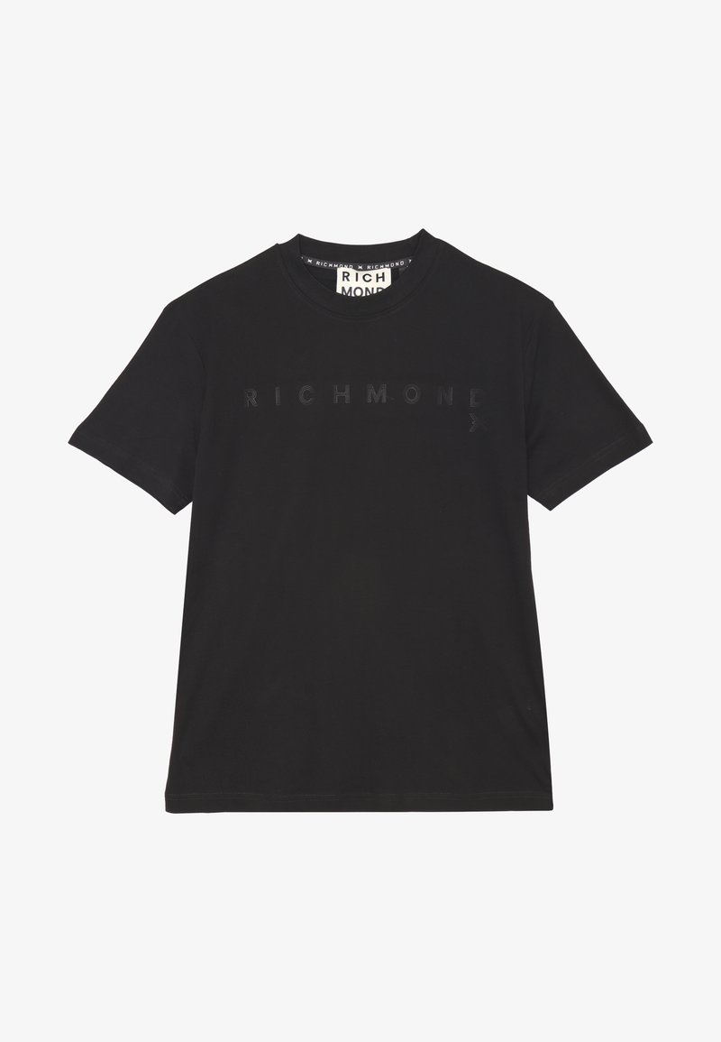 T-shirt in cotone nero con maniche corte, caratterizzato da un logo "RICHMOND" tono su tono sulla parte anteriore e un collo rotondo, texture liscia.
