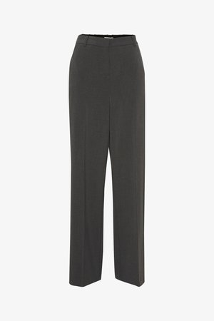 Pantalones grises de corte entallado con frente plano, diseño de pierna recta, textura suave y sin patrones ni adornos visibles. Ajuste de cintura alta.