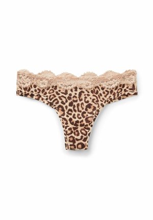 Leopard print thong with a beige base, featuring a scalloped lace trim along the waistband and soft fabric.