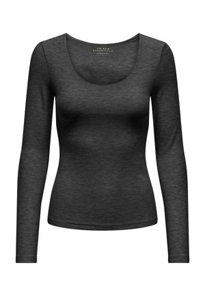 Langærmet bluse i mørkegrå, lavet af blødt tekstureret stof. Har en rund halsudskæring og tætsiddende design.