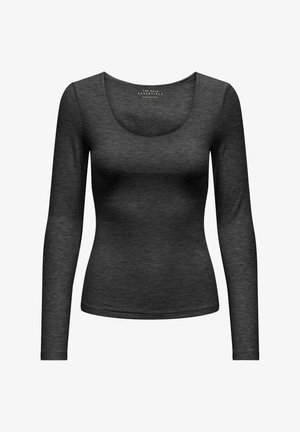 Langærmet bluse i mørkegrå, lavet af blødt tekstureret stof. Har en rund halsudskæring og tætsiddende design.