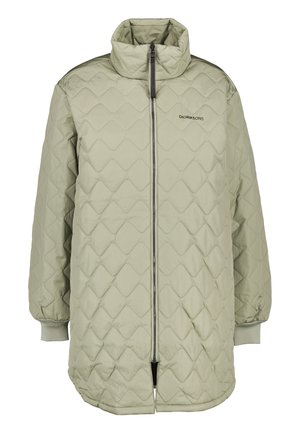 Lichtgroene gewatteerde jas met hoge kraag, ritssluiting, elastische manchetten en merkdetail; heeft een glad, gestructureerd oppervlak.