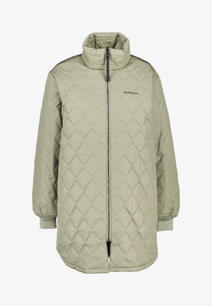 Lichtgroene gewatteerde jas met hoge kraag, ritssluiting, elastische manchetten en merkdetail; heeft een glad, gestructureerd oppervlak.