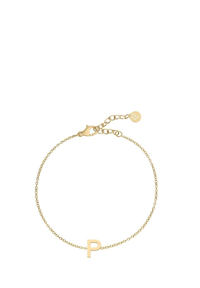 Zlatna narukvica s malim privjeskom u obliku slova "p", zatvaranjem na kopču i produžnom lancu za prilagodljivu dužinu. Minimalistički dizajn.