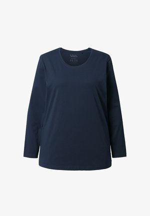 Marineblaues Langarmshirt mit Rundhalsausschnitt, aus weichem Baumwollmaterial; hat eine lockere Passform und minimale Nähte.